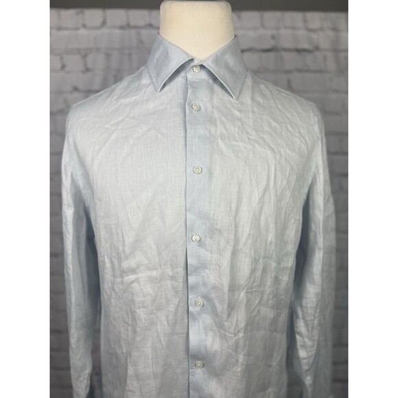 MNG 100%Linen Mens Medium Regular Fit Long Sleeve Button Up Shirt Light Blue - Picture 3 of 8